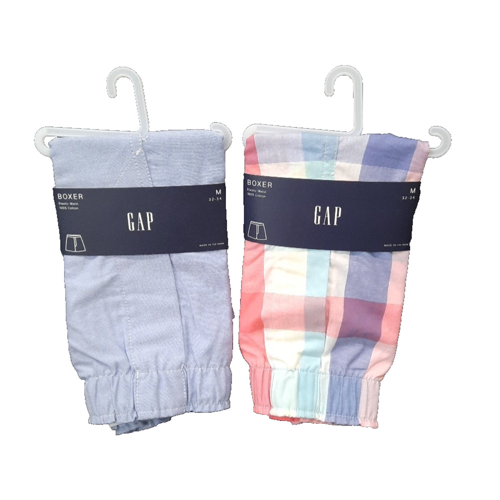 GAP Boxer Shorts 2 Pair Men's MEDIUM Madras Plaid & Blue Heather Elastic waist